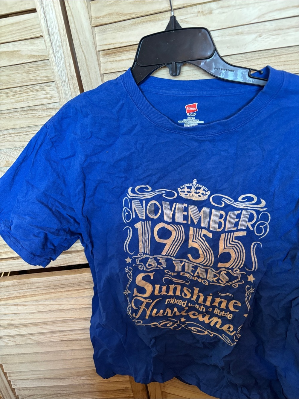 Hanes Royal Blue Graphic Tee with Cream-Gold Print Large